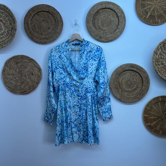 Zara Blue White Satin Long Sleeve Mini Dress Medium V-Neck Pleated Cocktail - Picture 2 of 7